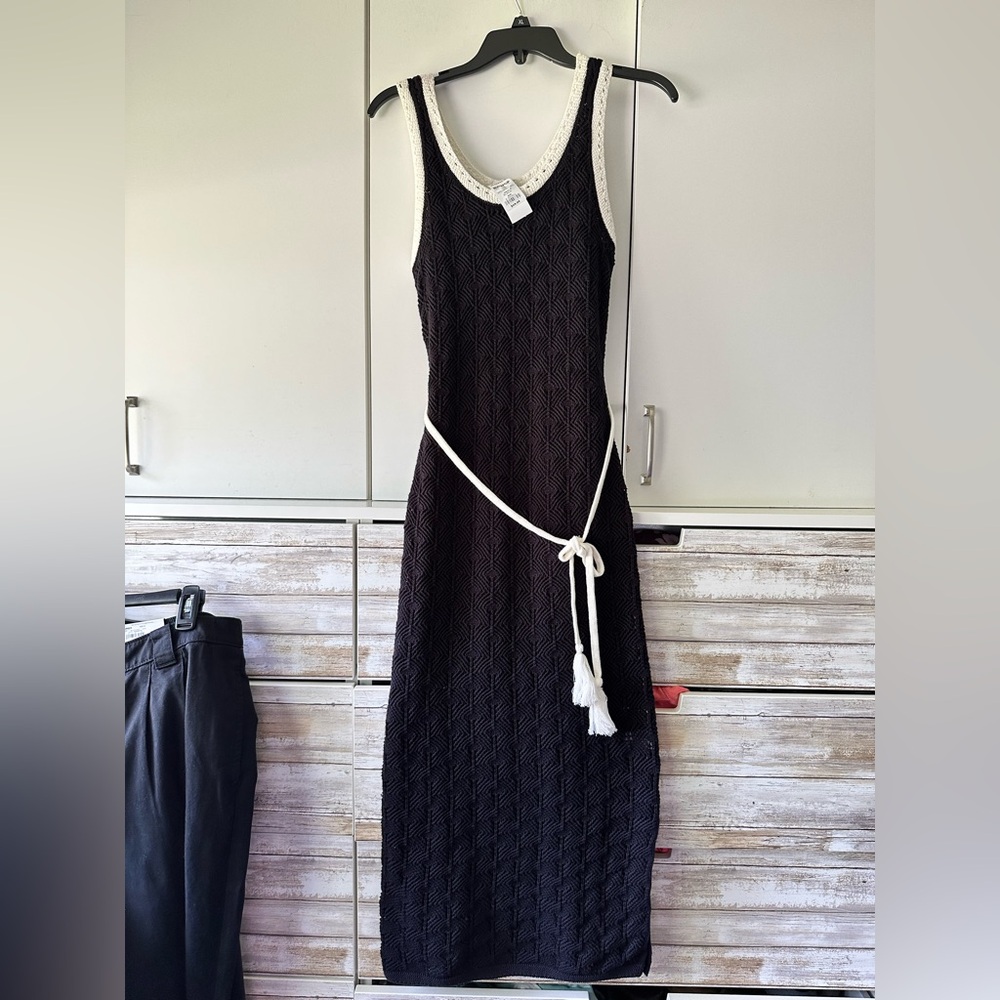 🖤 NWT Croft & Barrow Black Knit Sweater Dress XS Cotton Rope Belt Midi